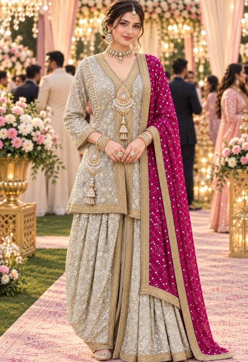 Gold Georgette Embroidered, Resham and Sequins Work Ceremonial Salwar Suit